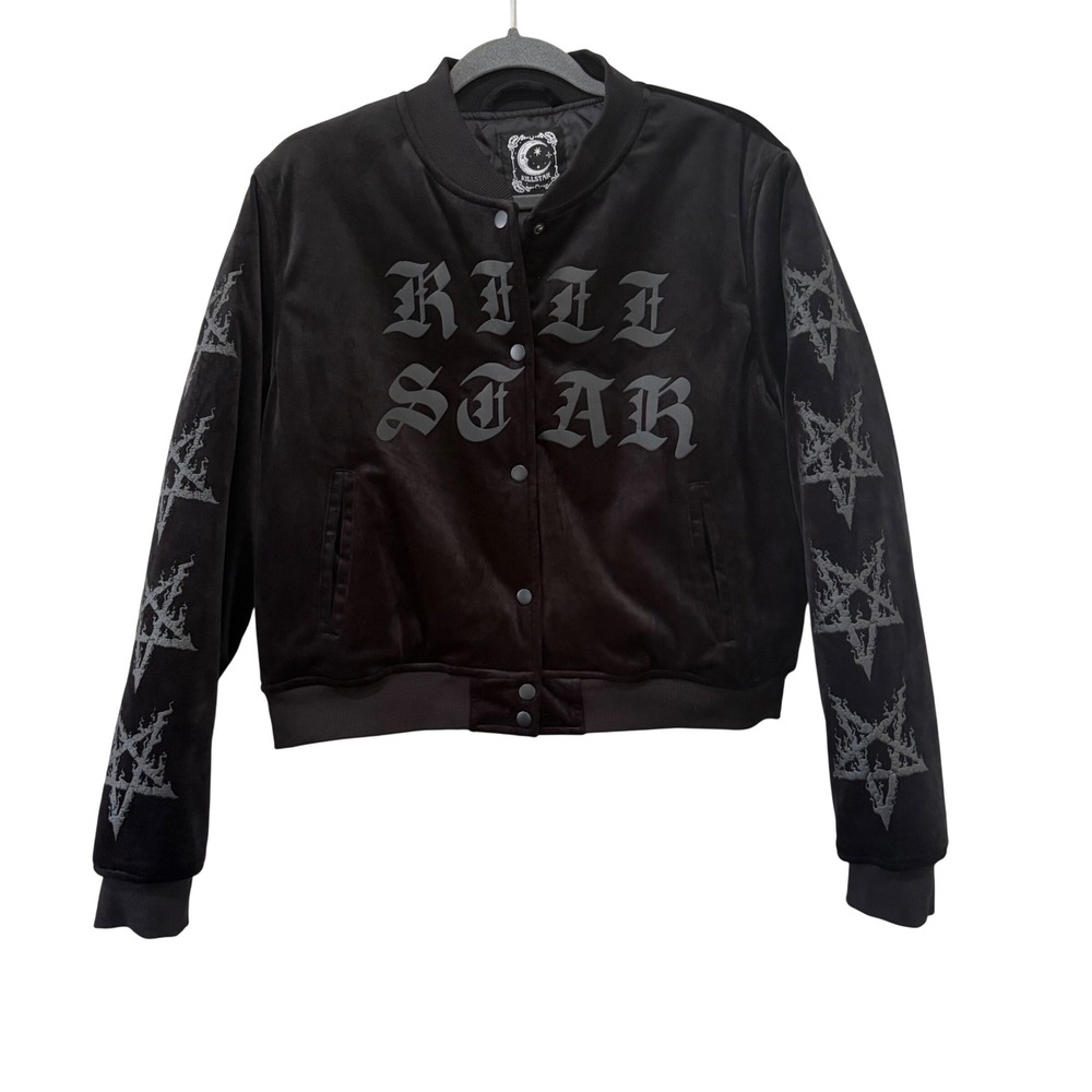 Killstar Night Terror Varsity Jacket Large Black Velvet Pentagram Goth Witch